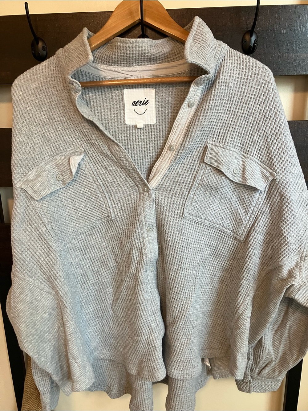 aerie Light Gray Waffle Button-Down Shirt